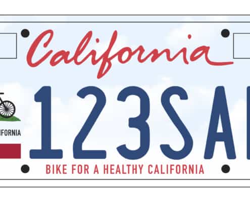 image of California license plate with a California flag on one side where instead of a bear, you have a bicycle.