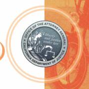 Illustration showing a legal e-bike icon on the left and a larger high-powered electric motorcycle on the right, divided by the seal of the California Attorney General, highlighting the distinction between e-bikes and illegal e-motos.