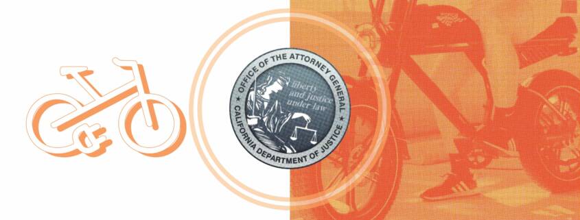 Illustration showing a legal e-bike icon on the left and a larger high-powered electric motorcycle on the right, divided by the seal of the California Attorney General, highlighting the distinction between e-bikes and illegal e-motos.