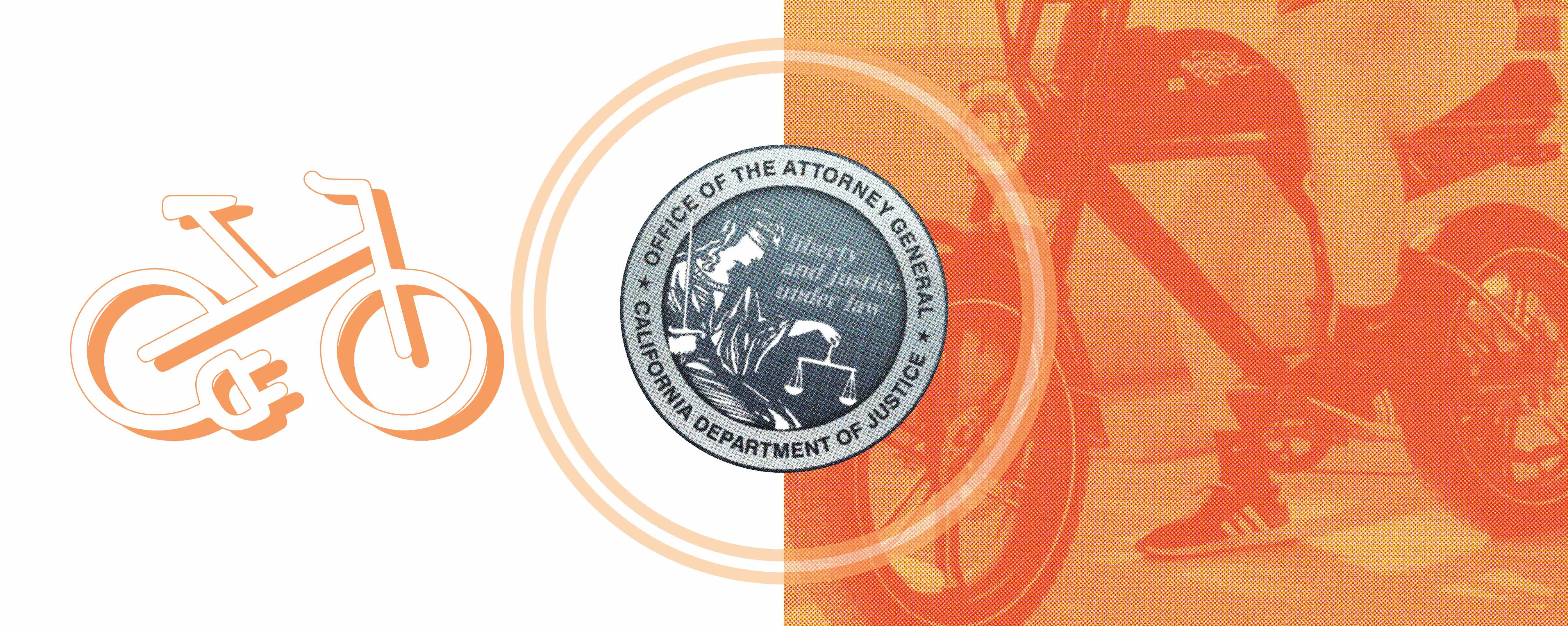 Illustration showing a legal e-bike icon on the left and a larger high-powered electric motorcycle on the right, divided by the seal of the California Attorney General, highlighting the distinction between e-bikes and illegal e-motos.
