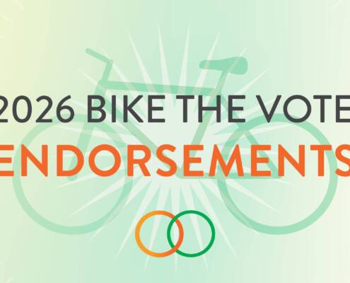 Graphic with the text “2026 Bike the Vote Endorsements” over a pale green background, featuring a large translucent bicycle, radiating lines, and two interlocking orange and green circles.
