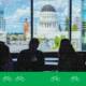 Advocates sit in silhouette inside the California State Capitol, facing a bright window with a view of Sacramento’s Capitol dome and downtown buildings. A green graphic band with white bicycle icons runs along the bottom of the image.