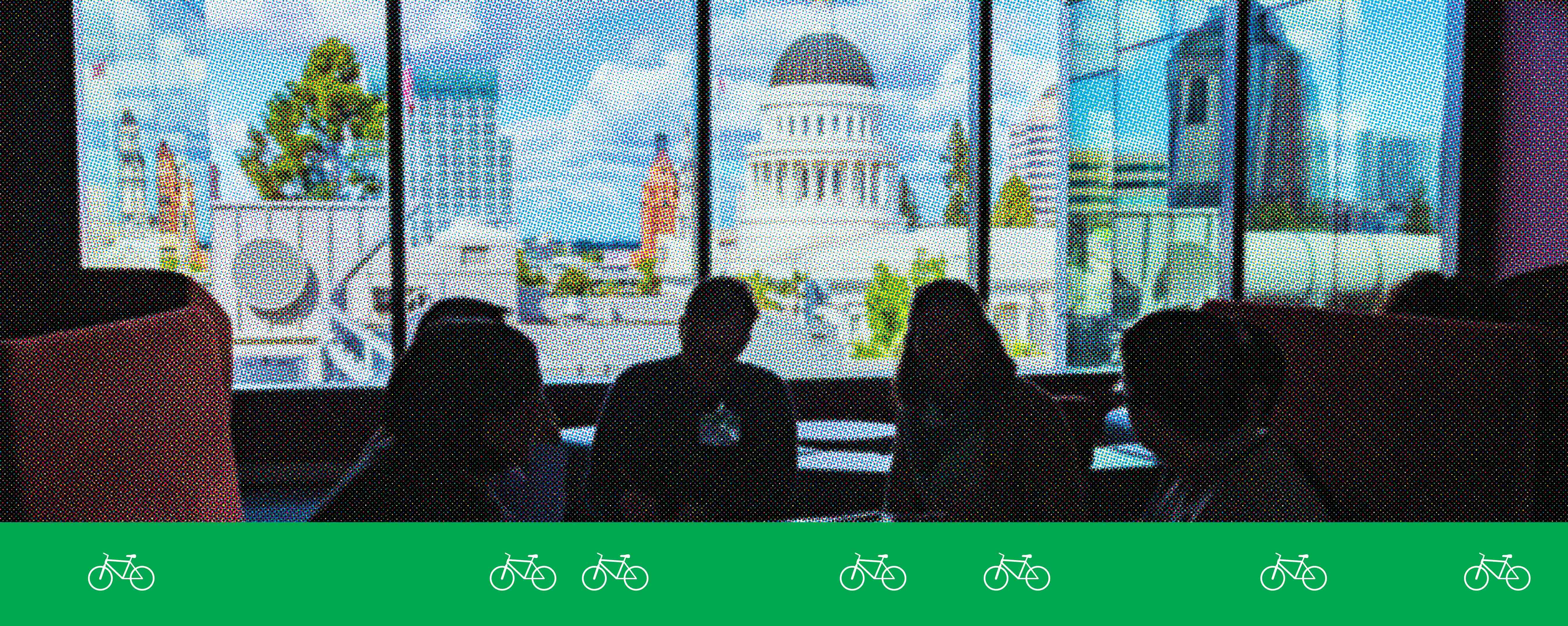 Advocates sit in silhouette inside the California State Capitol, facing a bright window with a view of Sacramento’s Capitol dome and downtown buildings. A green graphic band with white bicycle icons runs along the bottom of the image.