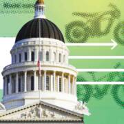 Graphic of the California State Capitol over a green background, with an orange bike icon and arrows pointing toward the calbike logo symbol, representing California e-bike policy taking shape.