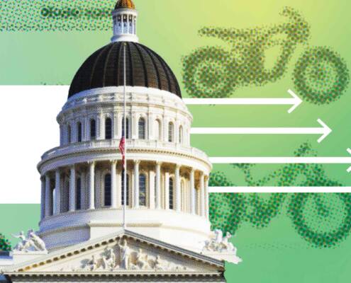 Graphic of the California State Capitol over a green background, with an orange bike icon and arrows pointing toward the calbike logo symbol, representing California e-bike policy taking shape.