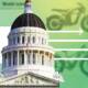 Graphic of the California State Capitol over a green background, with an orange bike icon and arrows pointing toward the calbike logo symbol, representing California e-bike policy taking shape.