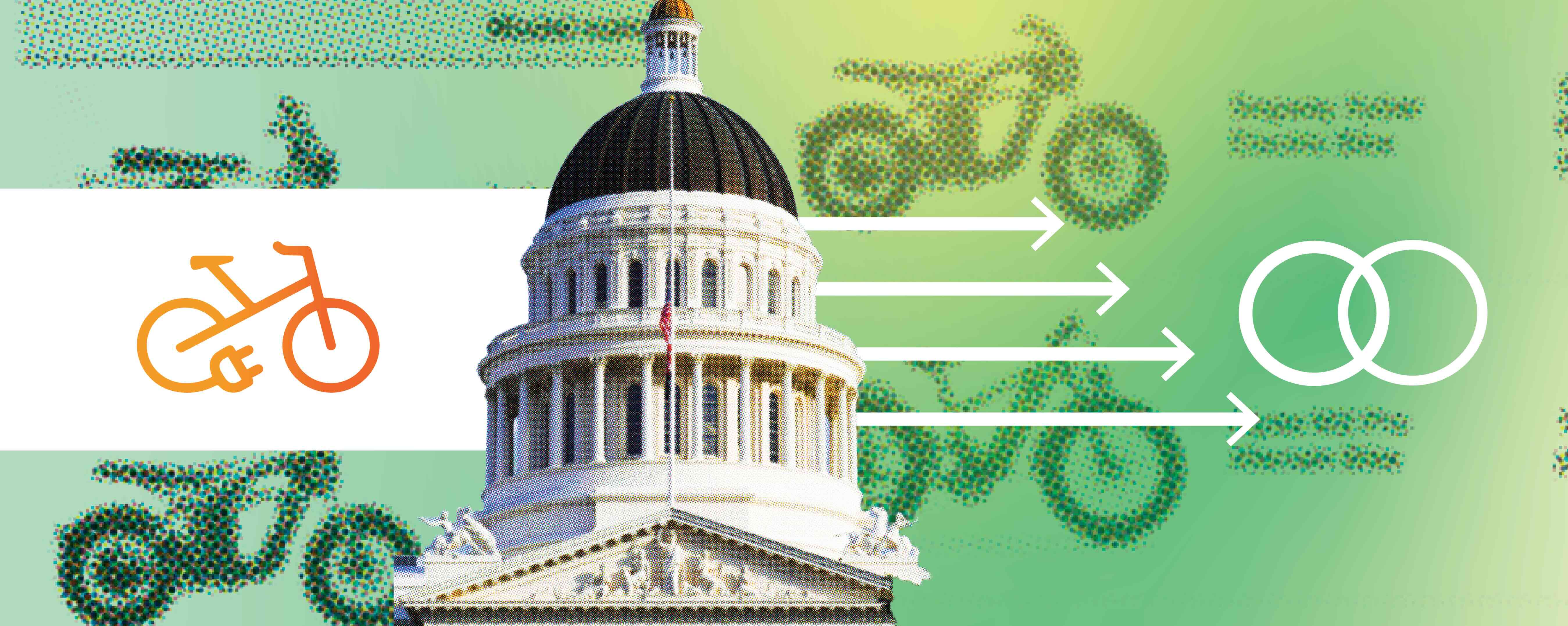 Graphic of the California State Capitol over a green background, with an orange bike icon and arrows pointing toward the calbike logo symbol, representing California e-bike policy taking shape.