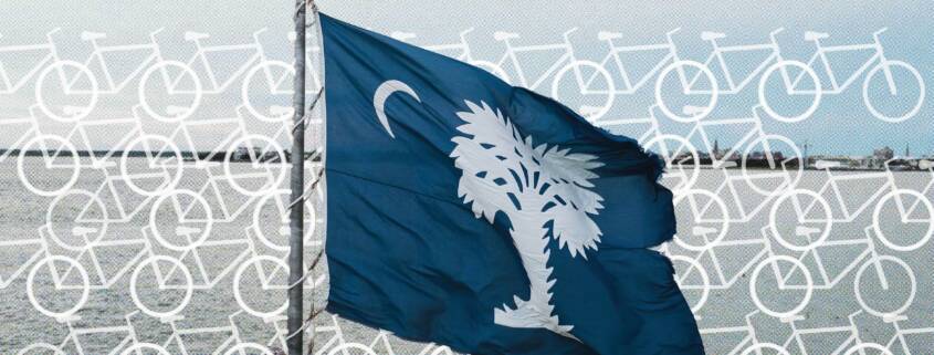 Blue South Carolina flag with a white palmetto tree and crescent moon waving in front of a repeating white bicycle pattern, with a waterfront faintly visible in the background.