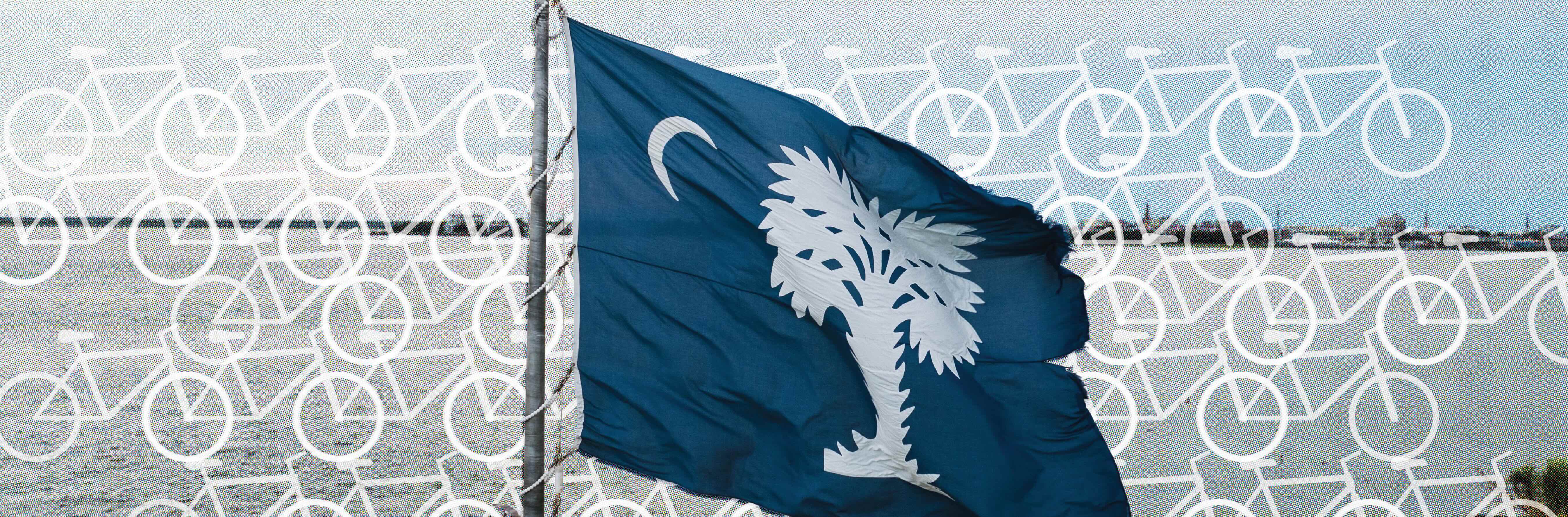 Blue South Carolina flag with a white palmetto tree and crescent moon waving in front of a repeating white bicycle pattern, with a waterfront faintly visible in the background.