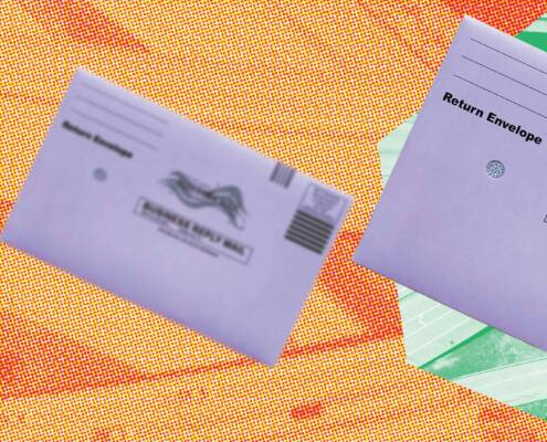 Alt text: Three vote-by-mail return envelopes are arranged diagonally across a bright orange and yellow halftone background. Two smaller envelopes on the left appear blurred, while a larger, sharper envelope on the right rests over green ballot materials and is labeled “Return Envelope,” “Official Election Mail,” and “Business Reply Mail.”