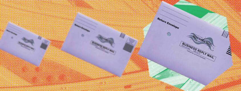 Alt text: Three vote-by-mail return envelopes are arranged diagonally across a bright orange and yellow halftone background. Two smaller envelopes on the left appear blurred, while a larger, sharper envelope on the right rests over green ballot materials and is labeled “Return Envelope,” “Official Election Mail,” and “Business Reply Mail.”