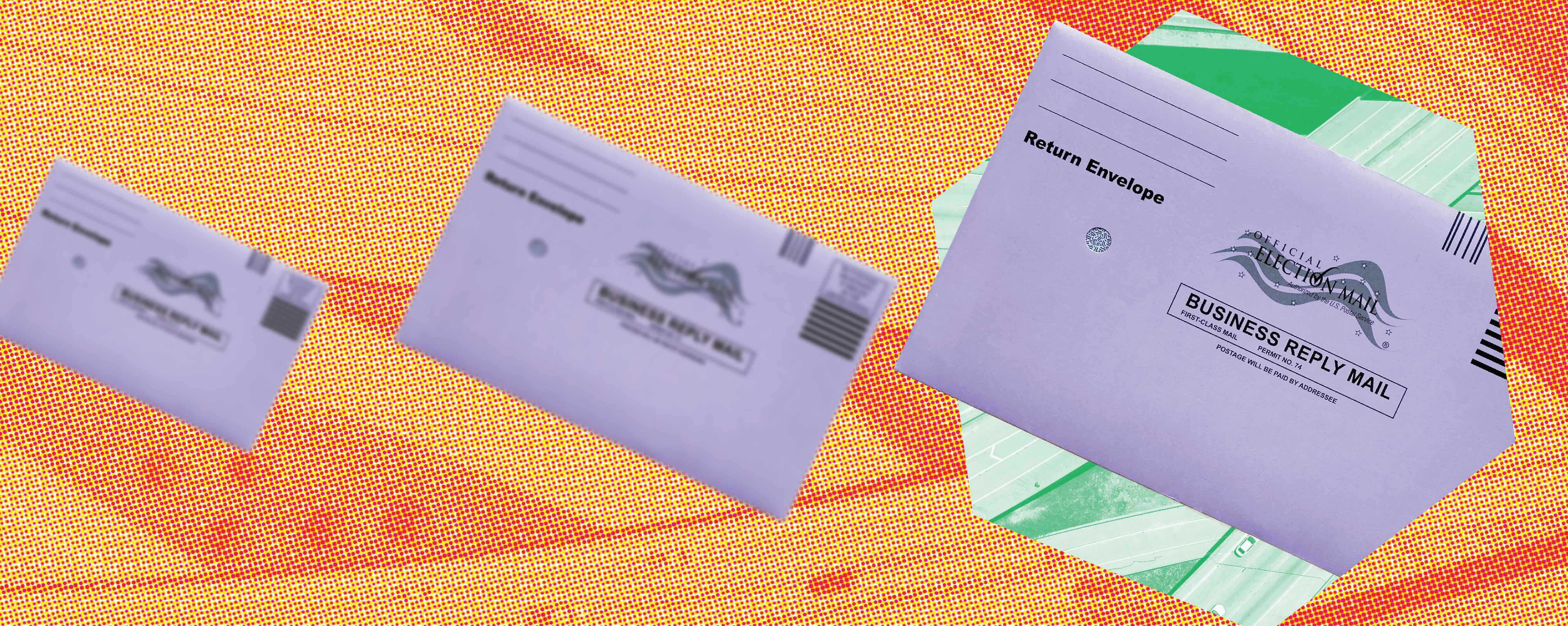 Alt text: Three vote-by-mail return envelopes are arranged diagonally across a bright orange and yellow halftone background. Two smaller envelopes on the left appear blurred, while a larger, sharper envelope on the right rests over green ballot materials and is labeled “Return Envelope,” “Official Election Mail,” and “Business Reply Mail.”