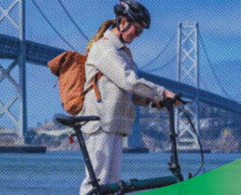 A cyclist with a backpack walks alongside an e-bike on San Francisco&rsquo;s waterfront, with the Bay Bridge in the background, overlaid with blue halftone texture and green graphic waves.