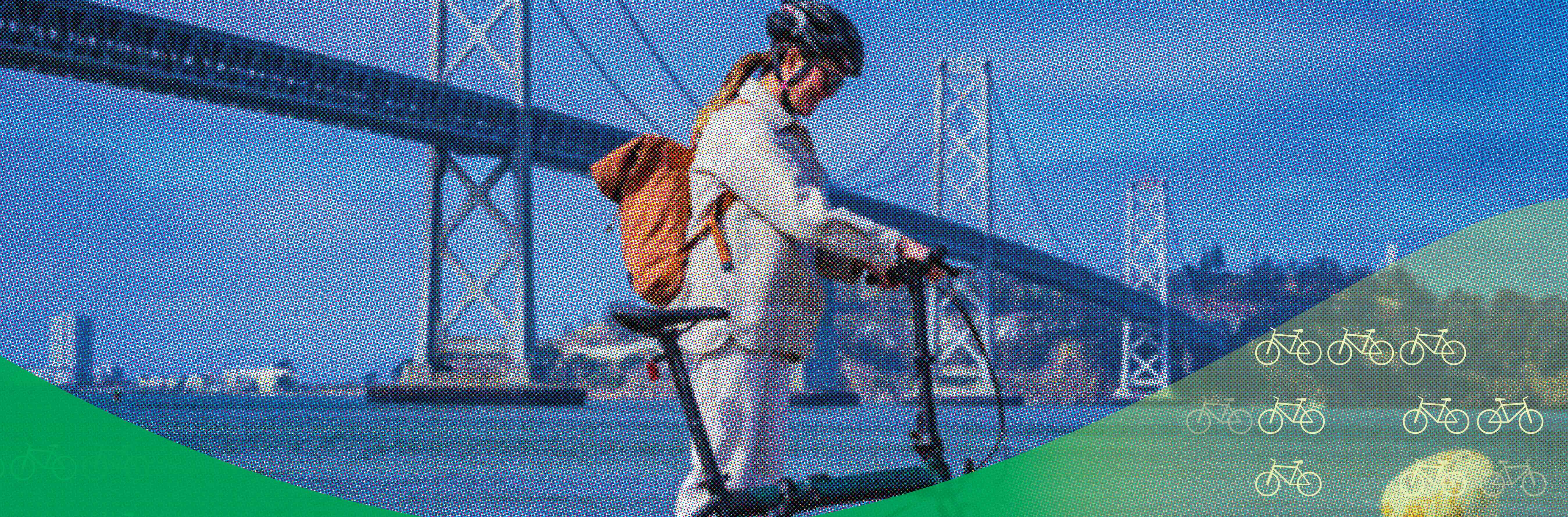 A cyclist with a backpack walks alongside an e-bike on San Francisco’s waterfront, with the Bay Bridge in the background, overlaid with blue halftone texture and green graphic waves.