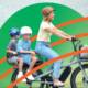 Happy family on an e cargo bike, CalBike logo at left.