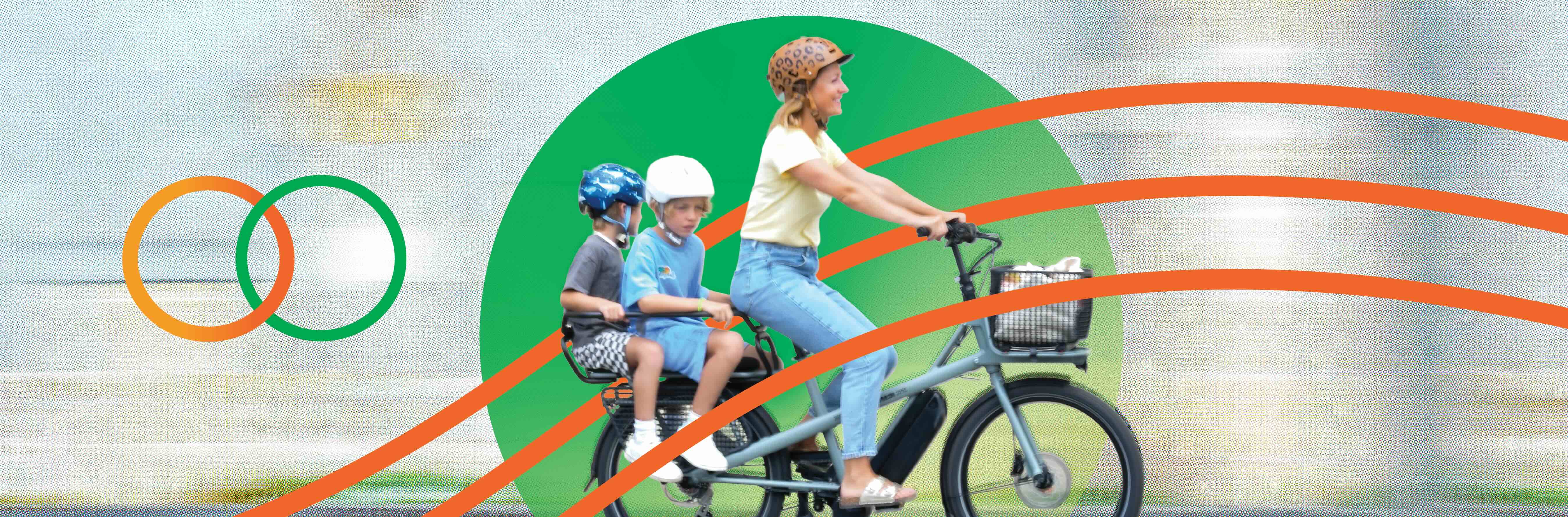 Happy family on an e cargo bike, CalBike logo at left.