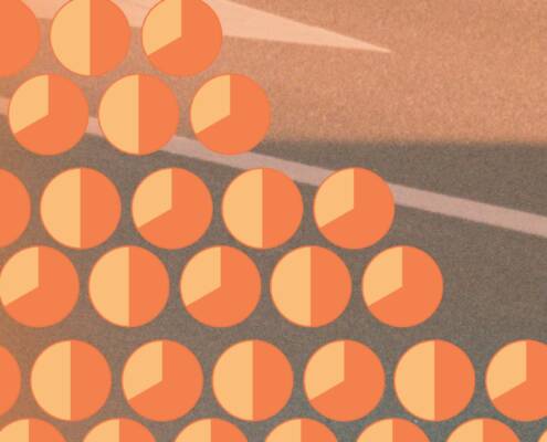 Abstract orange-and-gray graphic featuring a large white “43” on the right and rows of small orange pie charts showing roughly one-half and two-thirds proportions across the left and center.
