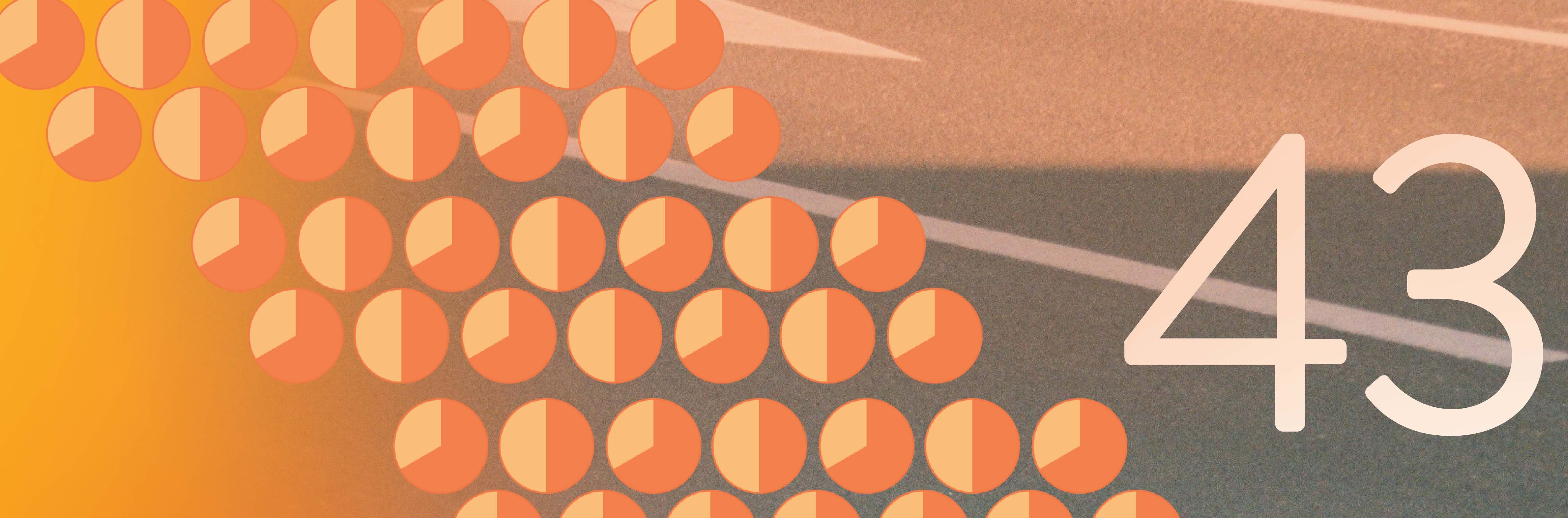 Abstract orange-and-gray graphic featuring a large white “43” on the right and rows of small orange pie charts showing roughly one-half and two-thirds proportions across the left and center.