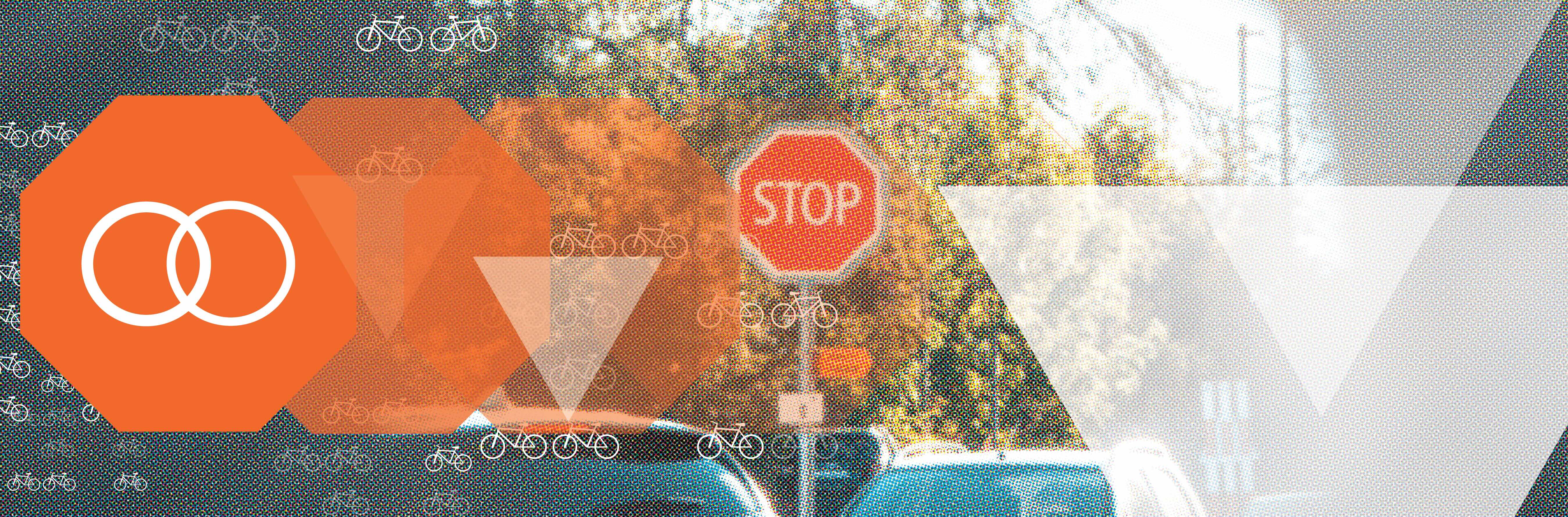 Orange stop signs give way to white yield triangles over a street scene dotted with bicycle icons, illustrating the Bicycle Safety Stop. A sign of progress.